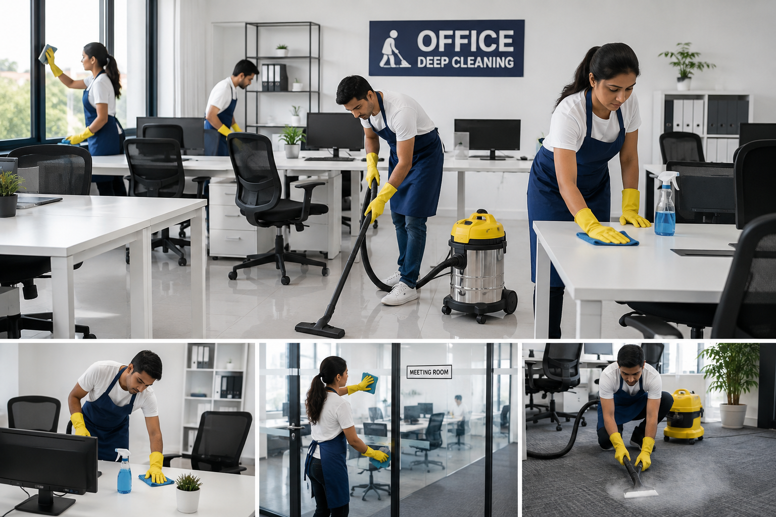 Gloved hands wiping down an office desk with a spray cleaner