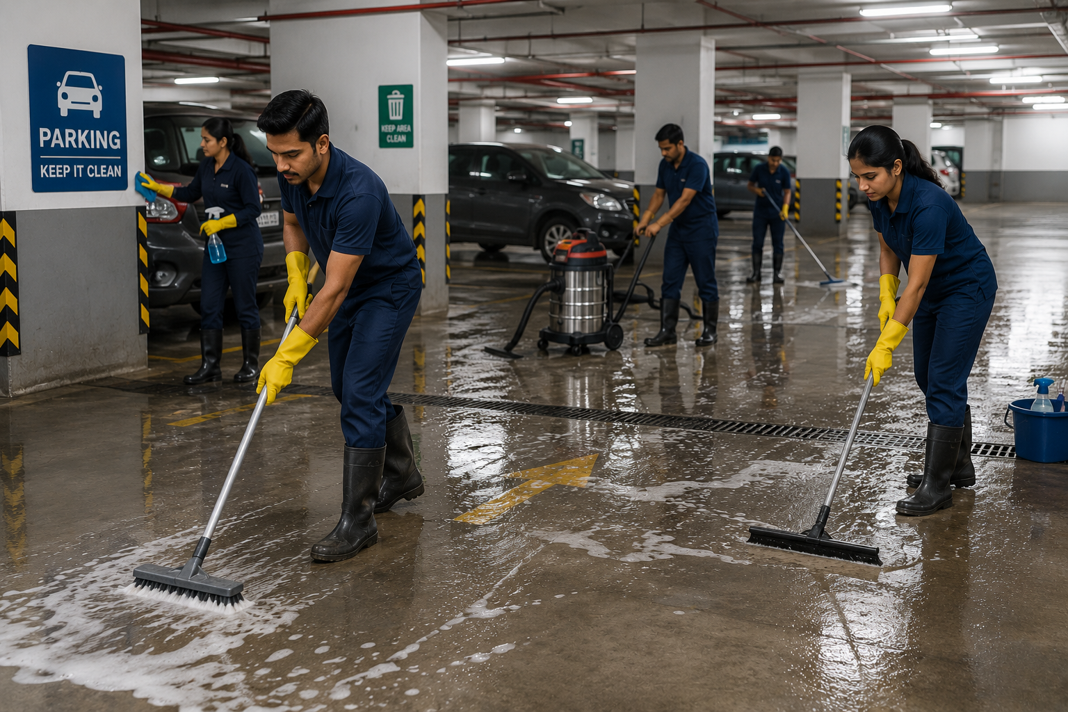 A clean, well-lit multi-level parking area with swept concrete floors
